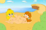 beach blonde_hair blue_eyes blush breasts brown_hair crown earrings nipples nirriti princess_daisy princess_peach pussy scissoring super_mario_bros. tribadism yuri