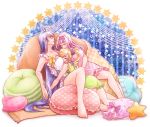  3girls antenna_hair barefoot between_breasts big_breasts blazblue blazblue_remix_heart blonde_hair blue_hair breasts cajun_faycott closed_eyes drooling feet female genderswap hair hair_down hairband head_between_breasts kajun_faycott large_breasts long_hair mai_natsume multiple_girls nightgown nunun pillow pink_hair ponytail scrunchie shiori_kirihito sleeping two_side_up very_long_hair yuri 