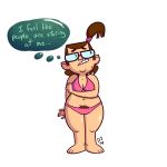  1girl beth_(tdi) bikini blush breasts brown_hair cleavage dustindemon embarrassing female female_only funny glasses mole nerd ponytail pubic_hair pubic_hair_peek shiny shiny_skin solo total_drama_island wide_hips 