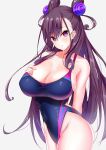 1girl arms_behind_back bangs bare_shoulders black_hair blue_swimsuit blush breasts cleavage competition_swimsuit covered_navel double_bun fate/grand_order fate_(series) groin hair_between_eyes hair_ornament hand_on_own_chest head_tilt highleg highleg_swimsuit large_breasts long_hair looking_at_viewer murasaki_shikibu one-piece_swimsuit parted_lips purple_eyes sidelocks skin_tight slit_pupils swimsuit taut_clothes thighs two_side_up very_long_hair