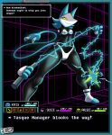  1girl 2d 2d_(artwork) absurd_res alternate_version_available anthro black_body blue_hair bra darkner deltarune deltarune_chapter_2 digital_media_(artwork) electricity fanart felid furry jackintaro panties robot robot_girl tasque_manager tasque_manager_(deltarune) text undertale_(series) underwear video_game_character video_game_franchise video_games whip white_panties yellow_eyes 