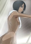 1_girl 1girl against_wall aoshima_yuuko arched_back arm arms art ass babe back bare_back bare_shoulders black_hair breasts brown_eyes dark_skin female haruyama haruyama_kazunori high_res hose looking_at_viewer looking_back monkey_turn nude open_mouth serious short_hair shower sideboob small_breasts solo standing tan towel wet yuuko_aoshima