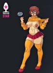 1_girl 1girl bespectacled big_breasts brown_eyes brown_hair erect_nipples female female_human female_only flashing glasses human looking_at_viewer magnifying_glass miniskirt no_bra scooby-doo short_brown_hair short_hair solo standing stockings theplugstar thighs velma_dinkley