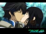 1boy 1girl art artist_request black_hair character_request closed_eyes couple gundam gundam_00 hair kiss kissing lens_flare long_hair marina_ismail short_hair