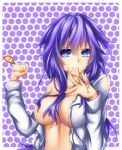  1girl blue_eyes breasts choujigen_game_neptune compile_heart female fi-san idea_factory long_hair neptune_(choujigen_game_neptune) neptune_(series) open_clothes open_shirt pudding purple_hair purple_heart shirt solo symbol-shaped_pupils 