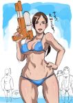 1girl bikini breasts brown_hair butcha-u chris_redfield eroquis hair hand_on_hip jill_valentine large_breasts monster ocean parker_luciani ponytail resident_evil resident_evil_revelations swimsuit text translation_request