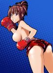 1girl alto-00 ass big_breasts boxing boxing_gloves breasts brown_hair gloves highres original pink_eyes short_hair shorts sideboob solo topless triforce