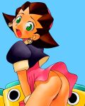  1girl ass blush brown_hair capcom female_focus green_eyes juan_gotoh kubon miniskirt no_panties open_mouth rockman_dash skirt_lift tron_bonne 