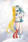 2girls aqua_hair art bare_legs bishoujo_senshi_sailor_moon blonde blonde_hair blue_eyes blush boots choker closed_eyes dated double_bun dress earrings elbow_gloves female friends gloves hair hair_bun hair_ornament hand_holding high_heels interlocked_fingers jewelry kaiou_michiru kissing long_hair looking_at_another magical_girl michiru_kaioh multiple_girls mutual_yuri necklace red_boots sailor_moon sailor_neptune school_uniform serafuku shiny shiny_clothes shiny_hair shiny_skin shoes skirt standing tiara tsukino_usagi twintails usagi_tsukino vbunny very_long_hair white_gloves yuri