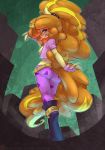 adagio_dazzle anthro atryl bedroom_eyes breasts clothed clothing equestria_girls equine female fur furry hair hooves horn long_hair looking_at_viewer looking_back mammal my_little_pony nipples orange_hair outside pink_eyes raised_arm rear_view smile solo standing two_tone_hair unicorn yellow_fur