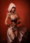  1girl assassin&#039;s_creed assassin&#039;s_creed_(series) breasts brown_eyes cleavage collarbone concealed_weapon corset duplicate fishnets garter_straps hidden_blade_(assassin&#039;s_creed) hood large_breasts lingerie lips pixel-perfect_duplicate solo tan thighhighs third-party_source underwear vambraces weapon white_thighhighs will_murai 