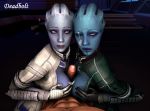 1boy 2_girls 3d aria_t'loak asari between_breasts blue_eyes blue_skin cleavage clothed_female_nude_male clothing commander_shepard cum cum_on_breasts cum_on_eye cum_on_face cumshot deadbolt double_paizuri ffm_threesome gloves hand_on_breast liara_t'soni looking_at_partner maleshep mass_effect medium_breasts multiple_girls one_eye_closed paizuri penis pov source_filmmaker surprised teamwork threesome