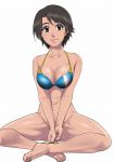 1_girl 1girl absurd_res aoshima_yuuko arm arms art babe bare_shoulders big_breasts bikini_top black_hair bottomless breasts brown_eyes brown_hair cholesenel cleavage clenched_hand clenched_hands collarbone covering covering_crotch covering_pussy crossed_legs dark_skin feet female high_res highres legs legs_crossed lips lipstick looking_at_viewer makeup monkey_turn navel neck shiny shiny_hair shiny_skin short_hair sitting smile solo v_arms wet white_background yuuko_aoshima