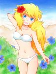 1_girl 1girl arm arm_behind_head armpits arms art babe bad_id bandeau bare_shoulders beach bikini blonde blonde_hair blue_eyes breasts cleavage collarbone female flower hair_flower hair_ornament happy head_tilt hibiscus legs long_hair looking_at_viewer mermaid_thetis midriff navel neck open_mouth saint_seiya sand smile solo standing strapless strapless_bikini strapless_swimsuit swimsuit thigh_gap tonkati tubetop water white_bikini white_swimsuit