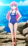 1_girl 1girl barefoot bokutachi_wa_benkyou_ga_dekinai female female_only kirisu_mafuyu long_hair long_pink_hair looking_at_viewer mostly_nude navy_blue_swimsuit one-piece_swimsuit outdoor outside pink_hair solo standing swimsuit thigh_gap