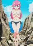 1_girl 1girl barefoot bikini bikini_bottom bokutachi_wa_benkyou_ga_dekinai covering_breasts female female_only kirisu_mafuyu long_hair long_pink_hair looking_at_viewer mostly_nude outdoor outside pink_hair side-tie_bikini_bottom solo standing swimsuit topless