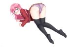 1_girl 1girl all_fours ass ass_up blush bokutachi_wa_benkyou_ga_dekinai clothed female female_only female_teacher kirisu_mafuyu long_hair long_pink_hair looking_at_viewer on_all_fours panties pink_hair skirt skirt_lift solo stockings teacher upskirt white_background