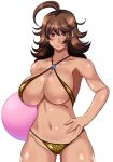  1girl ahoge areola ball big_breasts bikini breasts brown_hair curvy danganronpa female large_breasts leopard_print light-skinned_female long_hair myougi_kuraganosuke navel owari_akane purple_eyes red_eyes simple_background smile solo standing super_danganronpa_2 sweat swimsuit tan tanned white_background 