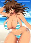  1girl afuro beach bikini blue_sky breasts brown_hair cleavage cloud danganronpa dark_skin female green_eyes huge_breasts long_hair micro_bikini navel open_mouth owari_akane sand sky smile solo striped striped_bikini striped_swimsuit super_danganronpa_2 swimsuit water wet 