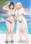 2_girls :d ;d aqua_eyes atago_(kantai_collection) bandeau beret bikini blonde_hair blue_bikini blush breasts brown_hair cellphone cleavage full_body hat kantai_collection kusaka_souji large_breasts long_hair multi-strapped_bikini multiple_girls navel one_eye_closed open_mouth phone red_eyes sandals see-through selfpic short_hair smartphone swimsuit takao_(kantai_collection) thighs v water wink