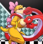  beautiful blush breast breast_grab breastfeeding checkered_floor closed_eyes female interspecies jewelry kissing koopa lips lipstick male mario nintendo pink_bowtie scalie snake spikes sucking tryclyde wendy_o_koopa yellow_body 