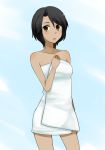 1girl aoshima_yuuko arms art babe bare_shoulders blush brown_eyes brown_hair collarbone dark_skin dnmi female hair highres looking_at_viewer monkey_turn naked_towel neck nude nude_cover open_mouth short_hair shy solo_female standing towel yuuko_aoshima