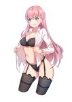 1_girl 1girl blush bokutachi_wa_benkyou_ga_dekinai bra female female_only garter_straps kirisu_mafuyu long_hair long_pink_hair mostly_nude open_shirt panties pink_hair shirt solo standing stockings unbuttoned unbuttoned_shirt white_background