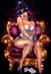  1_girl arm armchair arms art babe black_hair dc dc_comics dc_universe dcau female gloves gwendlg hair_over_one_eye hat hat_removed head_tilt holding holding_hat lips lipstick long_hair magician makeup red_lipstick sitting smile solo strapless top_hat zatanna zatanna_zatara 