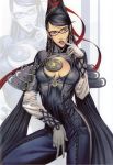 1girl :p amulet bayonetta bayonetta_(character) bayonetta_(series) bayonetta_1 black_catsuit black_hair blue_eyes bodysuit boob_window breasts catsuit cleavage cleavage_cutout clothing clothing_cutout elbow_gloves female finger_to_mouth glasses gloves guns hair hair_bun hair_ornament hair_ribbon hetero high_resolution homare_(fool's_art) large_breasts long_hair megane mole mole_under_mouth ribbon sega single_hair_bun solo tied_hair tongue tongue_out very_long_hair zoom_layer