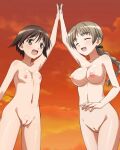 1girl 2_girls brown_hair casual_nudity long_hair lynette_bishop miyafuji_yoshika multiple_girls nude nude_female nude_filter outdoor_nudity outside strike_witches third-party_edit uncensored world_witches_series