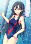  10s 1girl alluring arena_(company) black_hair blush brand_name_imitation breasts competition_swimsuit kazeoto_kirito long_hair one-piece_swimsuit purple_eyes shizuka_hiratsuka swimsuit tiles towel yahari_ore_no_seishun_lovecome_wa_machigatteiru. 