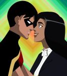  1boy 1girl black_hair blue_eyes couple dc dc_comics dc_universe dcau eye_contact incipient_kiss lips long_hair looking_at_another magician male/female robin short_hair smile tagme young_justice zatanna zatanna_zatara 