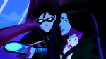 1boy 1girl black_hair blue_eyes couple dc dc_comics dc_universe dcau eye_contact lips long_hair looking_at_another magician robin screencap short_hair smile young_justice zatanna zatanna_zatara