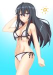 1girl 1girl ahoge alluring bikini black_hair blue_background blue_eyes breasts commentary_request cowboy_shot gradient gradient_background iseshi long_hair looking_at_viewer side-tie_bikini small_breasts standing swimsuit white_bikini yahari_ore_no_seishun_lovecome_wa_machigatteiru. yukinoshita_yukino