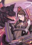 1girl bayonetta bayonetta_(character) bayonetta_(series) bayonetta_1 black_hair blue_eyes bodysuit boob_window breasts cleavage cleavage_cutout clothing clothing_cutout earrings female glasses gomorrah_(bayonetta) gun guns hair_bun handgun jewelry long_hair megane mole mole_under_mouth monster open_mouth purple_eyes red_ribbon ribbon rudolph_(artist) rudorufu solo tied_hair very_long_hair weapon