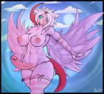 2014 absol anthro anthrofied areolae arm_warmers big_penis blue_eyes breasts dickgirl functionally_nude intersex large_breasts large_penis mega_absol mega_evolution navel nintendo nipples penis pokemon shyama standing striped wings wyntersun