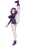  1girl alternate_version_available big_breasts black_eyes blush breasts covered_nipples dc_comics female_only grey_skin leg_lift leotard leotard_aside nipples nisetanaka purple_hair pussy raven_(dc) shoes short_hair simple_background standing_split teen_titans white_background 