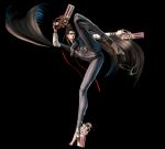 1girl bayonetta bayonetta_(character) black_catsuit boob_window catsuit cleavage_cutout female glasses guns hetero leg_spread solo