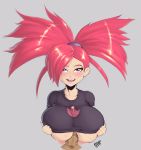 big_breasts blush breast_grab breasts cum cum_on_clothes flannery flannery_(pokemon) huge_breasts long_hair open_mouth paizuri paizuri_under_clothes pokemon randomboobguy red_eyes red_hair shirt smile