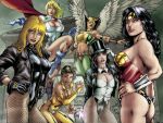 6girls art big_breasts black_canary black_hair blonde_hair boots breasts dark_skin dc_comics dc_universe dcau earrings ed_benes female female_only fishnet_stockings flying hair hand_on_hip hawkgirl justice_league leather_jacket long_hair looking_at_viewer looking_over_shoulder mask multiple_girls nipples pose power_girl red_lipstick short_hair smile smiling standing thong top_hat vixen_(dc) wings wonder_woman wonder_woman_(series) zatanna zatanna_zatara