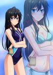  10s 1girl 1girl alluring bare_shoulders bikini black_hair blue_bikini blue_eyes blush book collarbone competition_swimsuit covered_navel crossed_arms gradient gradient_background hair_between_eyes hair_ribbon high_res kenken long_hair looking_at_viewer navel one-piece_swimsuit ribbon side-tie_bikini standing swimsuit yahari_ore_no_seishun_lovecome_wa_machigatteiru. yukinoshita_yukino zoom_layer 