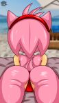 1girl amy_rose anthro ass ass_focus beach beach_umbrella big_ass butt_focus cameltoe clothing dat_ass eulipotyphlan female_only genitals hair hedgehog high_res humanoid mammal outside panties pink_body pink_hair pussy rear_view sand sea seaside sega sirjzau solo_female sonic_*(series) sonic_the_hedgehog_(series) swimwear underwear water