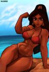 1girl abs aladdin_(series) alluring aozee arabian athletic_female beach big_breasts bikini black_hair brown_eyes cleavage disney disney_princess fit_female flexing princess_jasmine seaside thunder_thighs voluptuous