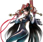 1girl amulet ass bayonetta bayonetta_(character) black_hair black_suit blue_eyes blush bodysuit boob_window breasts catsuit cleavage cleavage_cutout clothing dual_wielding elbow_gloves eyeshadow female glasses gloves gun guns hair hair_ornament hair_ribbon handgun hetero holding holding_weapon long_hair makeup medium_breasts megane mole mole_under_mouth ribbon shunya_yamashita solo very_long_hair weapon