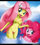 2girls beach breasts clouds cute equestria_girls fluttershy multiple_girls my_little_pony nipples nude ocean pinkie_pie pubic_hair pussy smile the-butcher-x