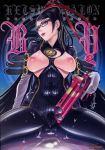  1girl areolae bayonetta bayonetta_(character) bayonetta_(series) bayonetta_1 big_breasts black_hair blue_eyes bodysuit breasts cameltoe clothing cum earrings female glasses gloves gun guns handgun jewelry large_breasts lipstick long_hair makeup megane mole mole_under_mouth open_shirt pierre_norano pistol sega semen skin_tight solo very_long_hair weapon 