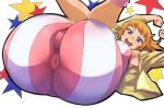  1girl :d anus armpits ass bad_id bike_shorts blonde_hair blue_eyes breasts brown_hair cameltoe erect_nipples gundam gundam_build_fighters gundam_build_fighters_try hoshino_fumina huge_ass jacket knees_on_chest legs_up looking_at_viewer nuezou open_mouth pov_ass short_hair simple_background smile solo white_background 