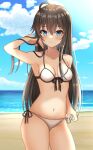  1girl 1girl absurd_res ahoge alluring bikini black_hair blue_eyes breasts cleavage collarbone cowboy_shot groin high_res hisui_(user_zvkr2432) long_hair looking_at_viewer medium_breasts navel side-tie_bikini standing swimsuit white_bikini yahari_ore_no_seishun_lovecome_wa_machigatteiru. yukinoshita_yukino 