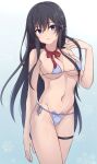  1girl alluring alternate_breast_size big_breasts bikini black_hair blue_bikini blue_eyes breasts cleavage cowboy_shot gradient gradient_background high_res long_hair micro_bikini navel neck_ribbon red_ribbon ribbon side-tie_bikini swimsuit syu_an_n_(artist) white_background yahari_ore_no_seishun_lovecome_wa_machigatteiru. yukinoshita_yukino 