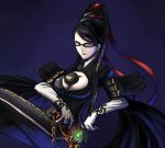 1girl bayonetta bayonetta_(character) black_catsuit black_hair boob_window catsuit cleavage cleavage_cutout female glasses guns hair hetero long_hair solo